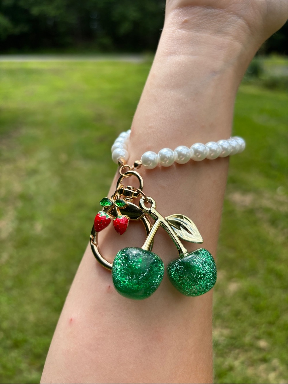 Pearl Beaded Wristlet Keychain with Green Glitter Cherry Charm - Picture 6 of 10